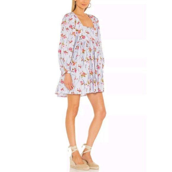 LOVESHACKFANCY Eaton Floral Blue Puff Sleeve Mini Dress Size S - Picture 13 of 14